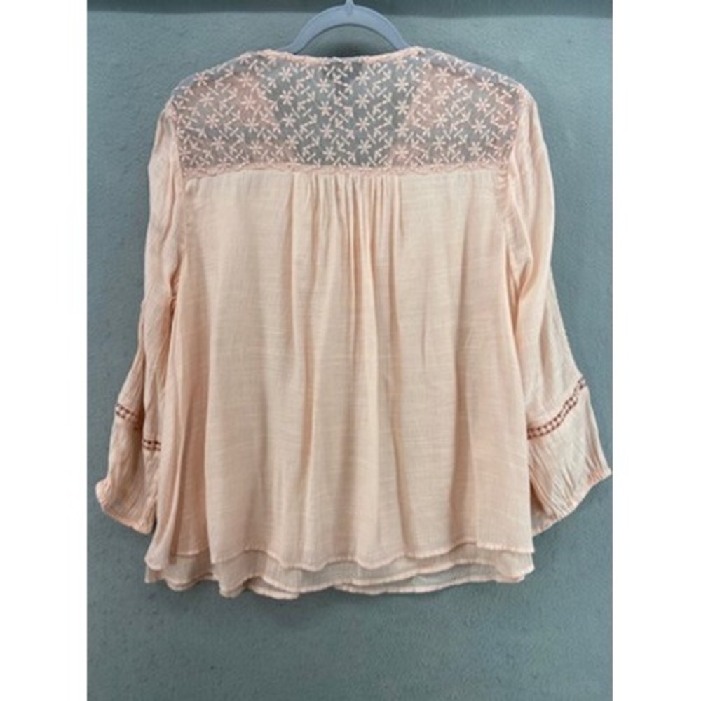 Style & Co Shirt Womens Sz M Boho Embroidered Blouse Peach Lace Mesh V-Neck - Picture 9 of 10